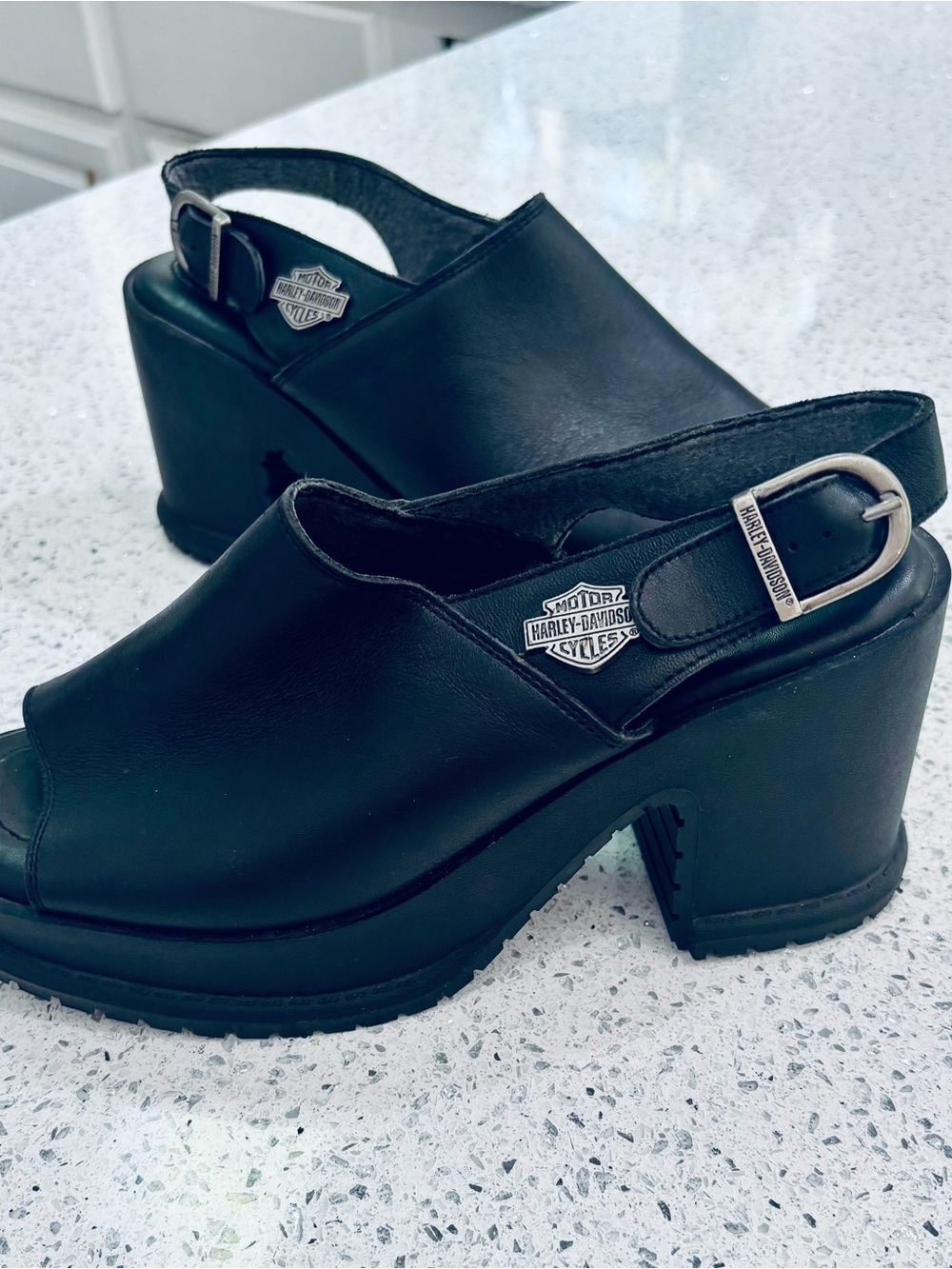 Vintage Harley-Davidson Black Leather Platform Sandals - Y2K Slingback